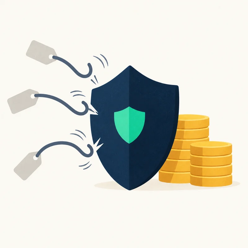 A shield deflecting fee hooks away from a stack of coins