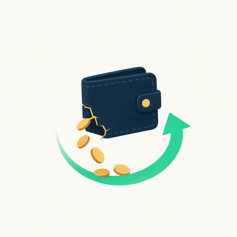 Coins slipping out of a wallet, caught by a green arrow and returned